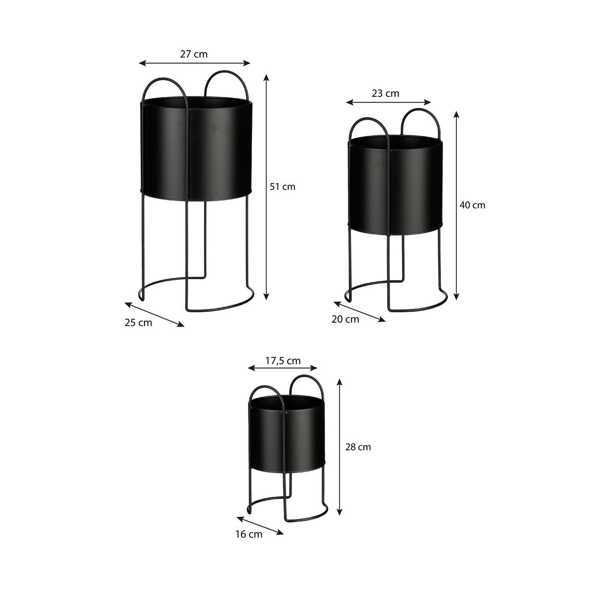 Petry Bloempot op Standaard - Set van 3 - L27 x B25 x H51 cm - Metaal - Zwart