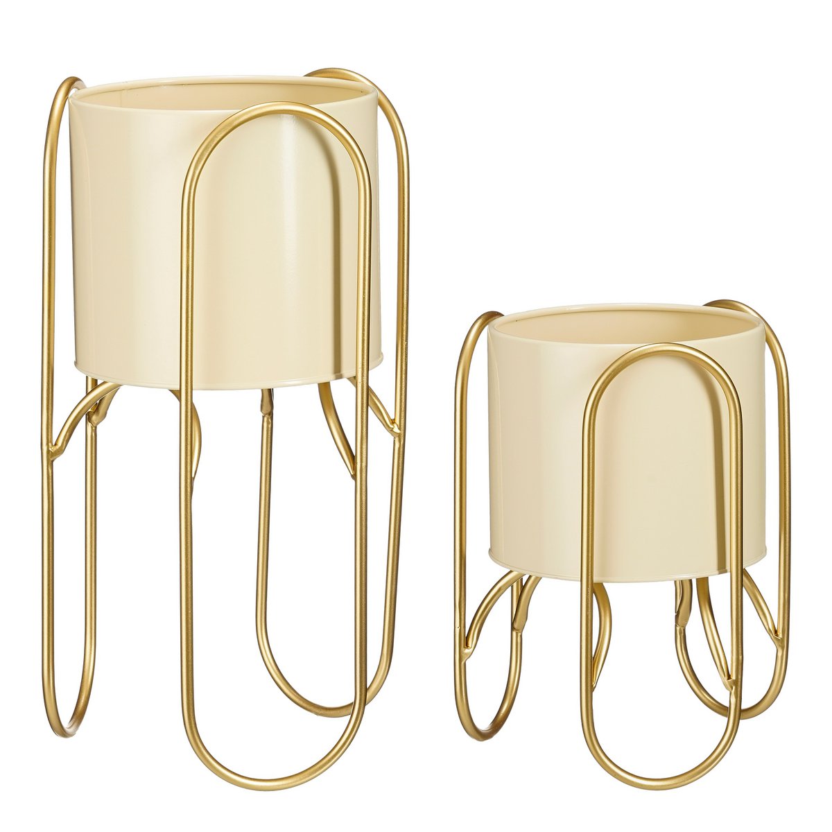 Donau Bloempot op Standaard - Set van 2 - Metaal - H45 x Ø23 cm - Lichtgeel, Goud