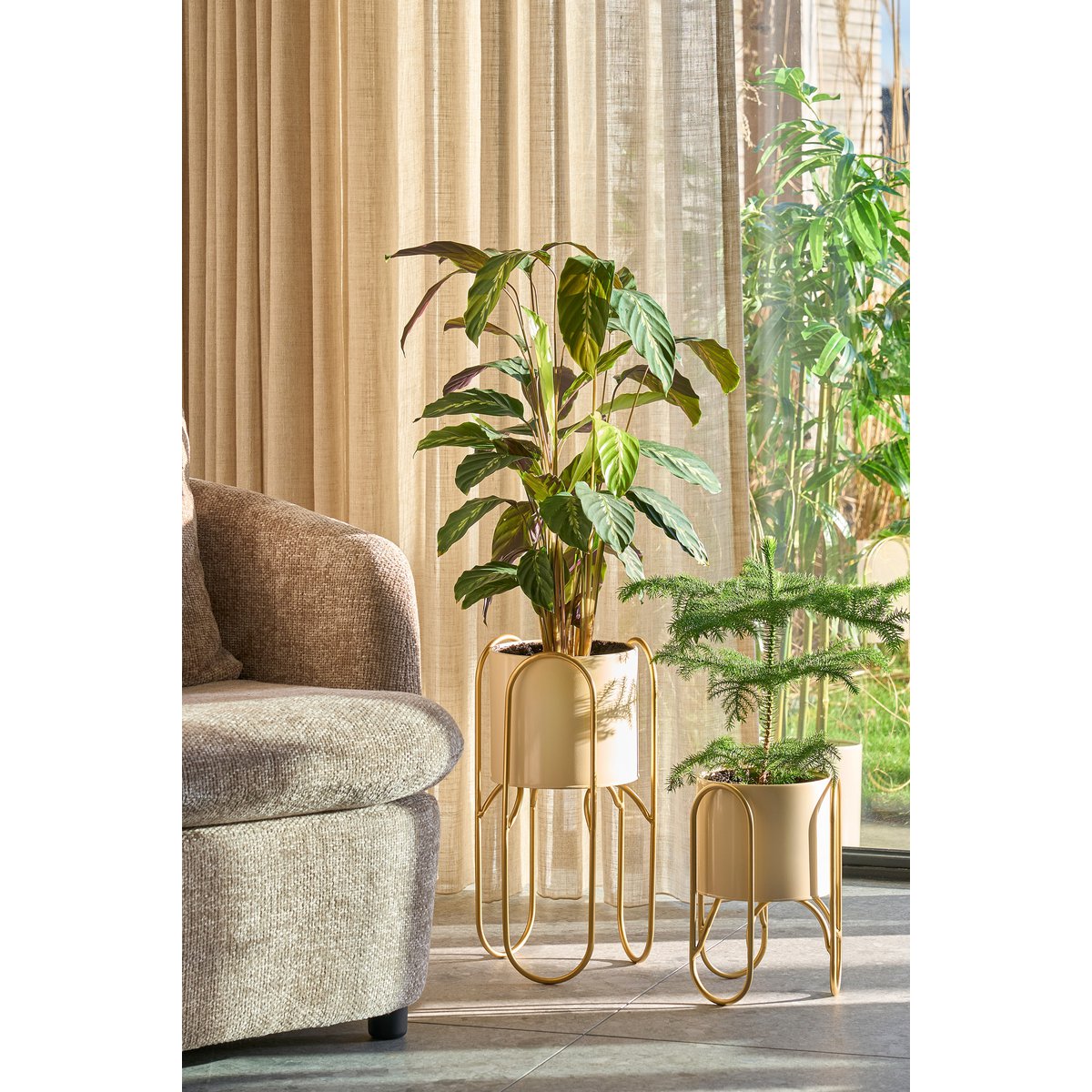 Donau Bloempot op Standaard - Set van 2 - Metaal - H45 x Ø23 cm - Lichtgeel, Goud