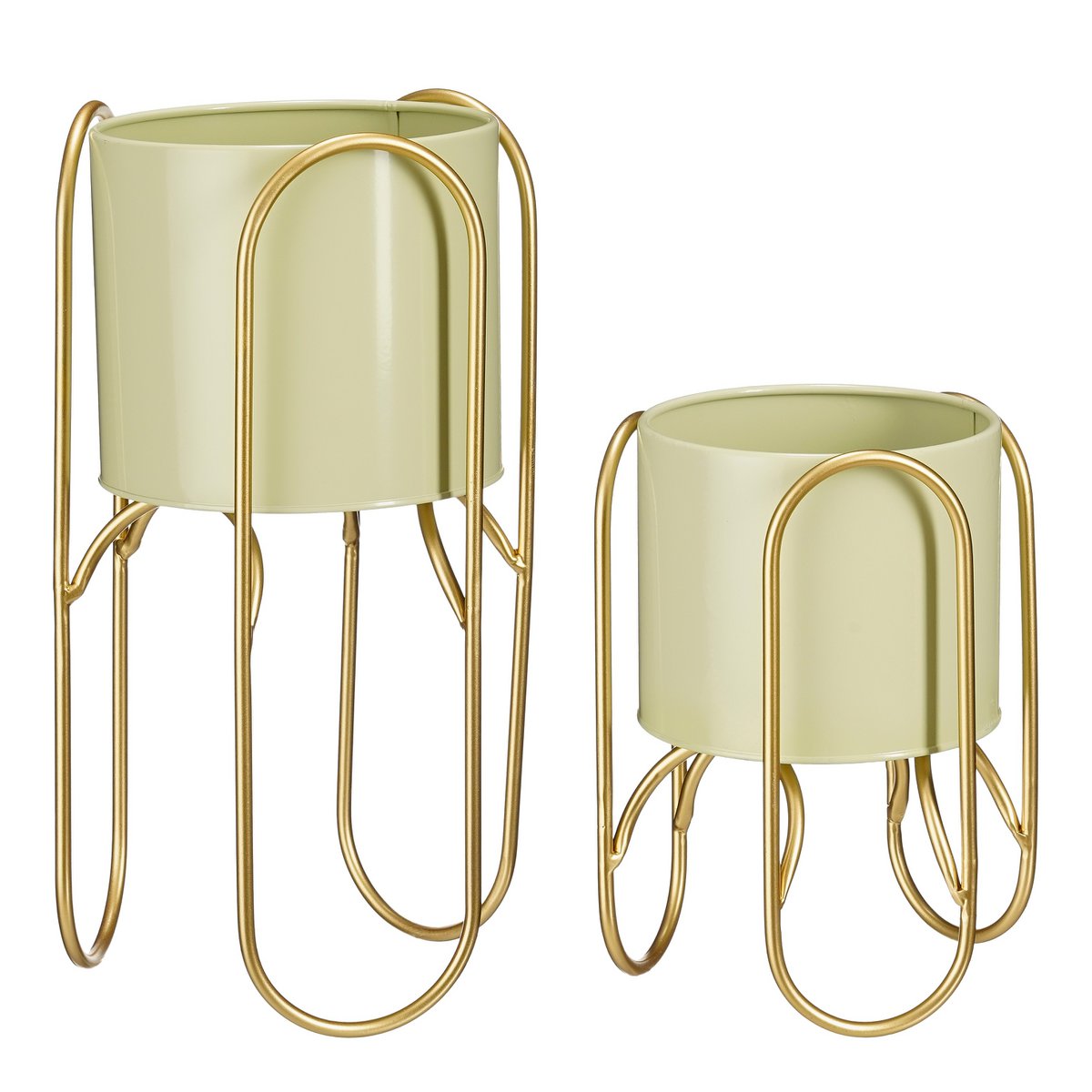 Donau Bloempot op Standaard - Set van 2 - Metaal - H45 x Ø23 cm - Lichtgroen, Goud